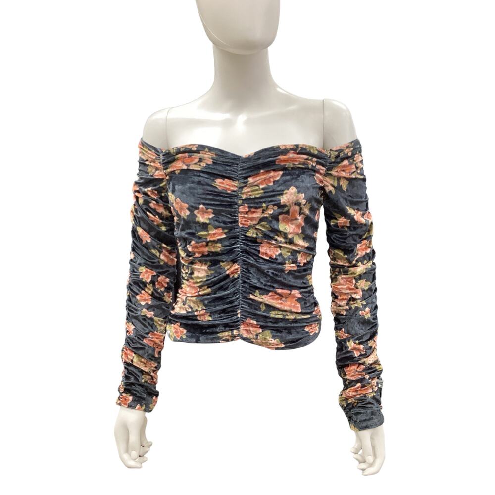 Free People Top Women’s SZ S Floral Velvety OffShoulder Long Sleeve Blue &Orange
